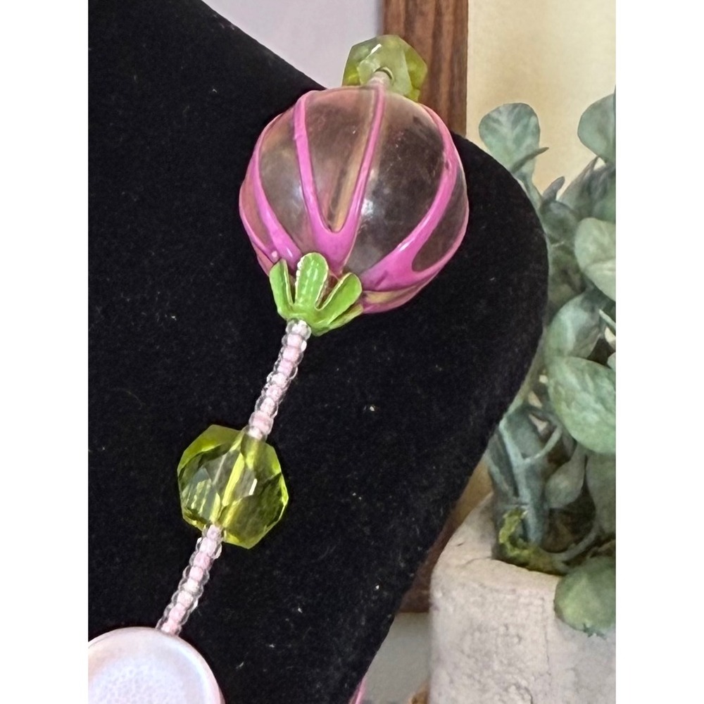 Vintage Pink Green Melon Bead Necklace Garden Floral Eclectic Statement 30 Inch - Picture 3 of 8